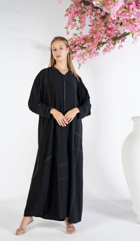 Black abaya for women with grey color geometrical stitch line and piping