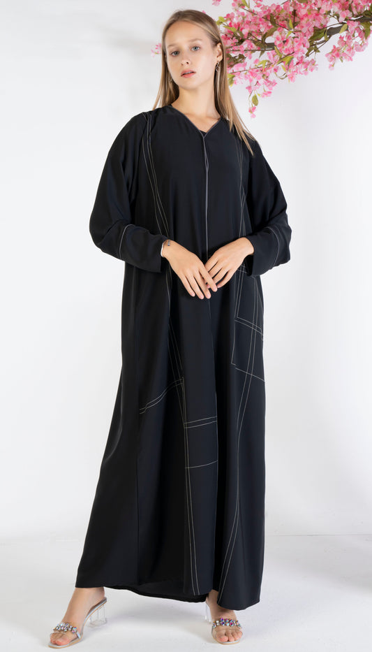 Black Abaya With Grey Color Geometrical Stich Line And Piping