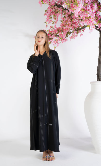 Black abaya for women with grey color geometrical stitch line