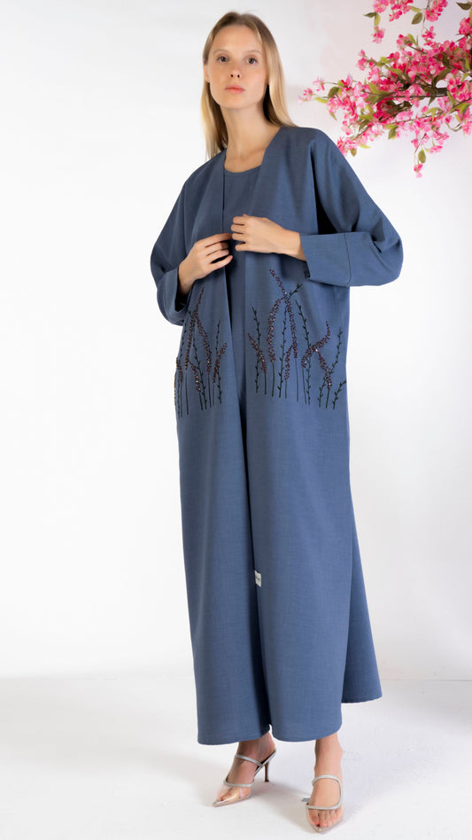 Blue bisht abaya with floral embroidery and bead work on front