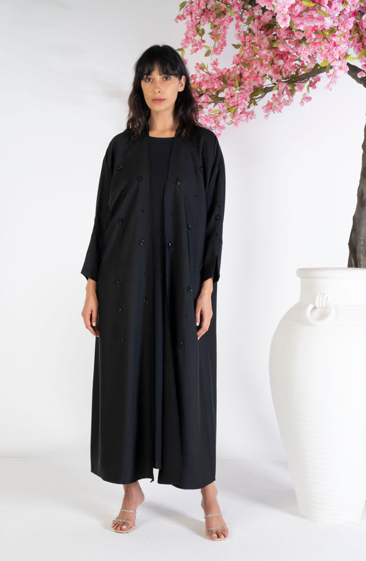 Bisht abaya with motif bead work and fringes on front line