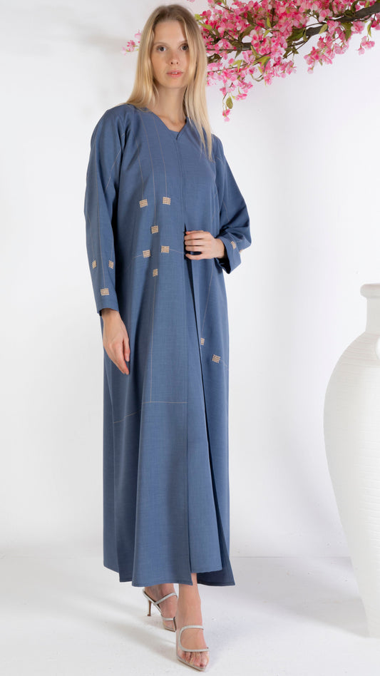 Blue geometrical design abaya with beadwork detailing