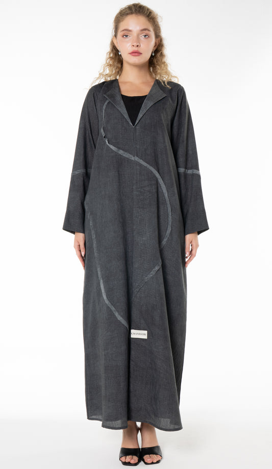 Soft Simple Collar Abaya With Contrast Fabric Detailing