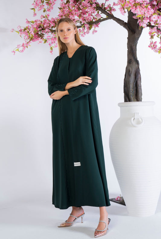 Soft Fabric Abaya With Elegant Curve Line Pattern Bead Work On Front