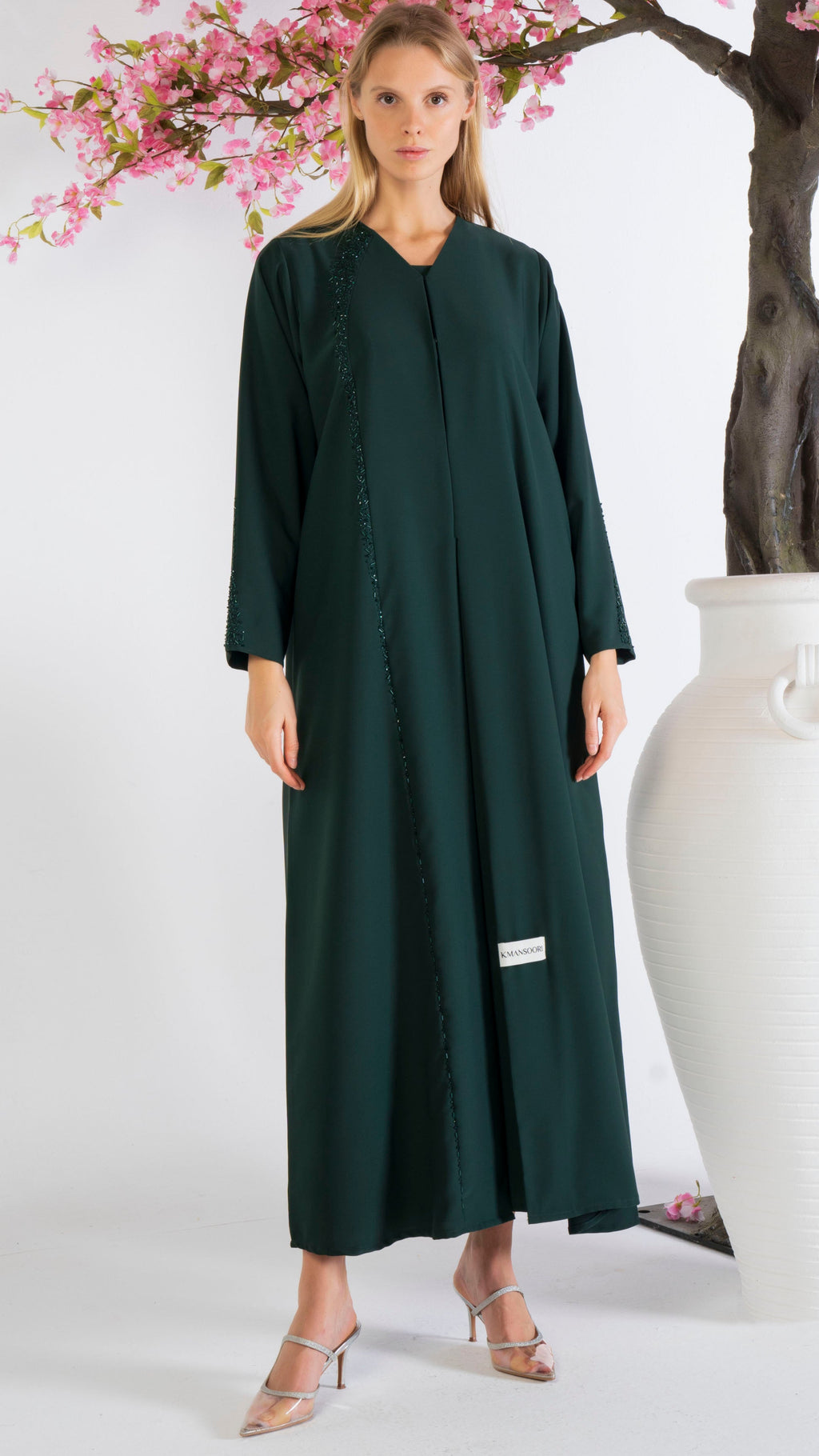 Soft Fabric Abaya With Elegant Curve Line Pattern Bead Work On Front