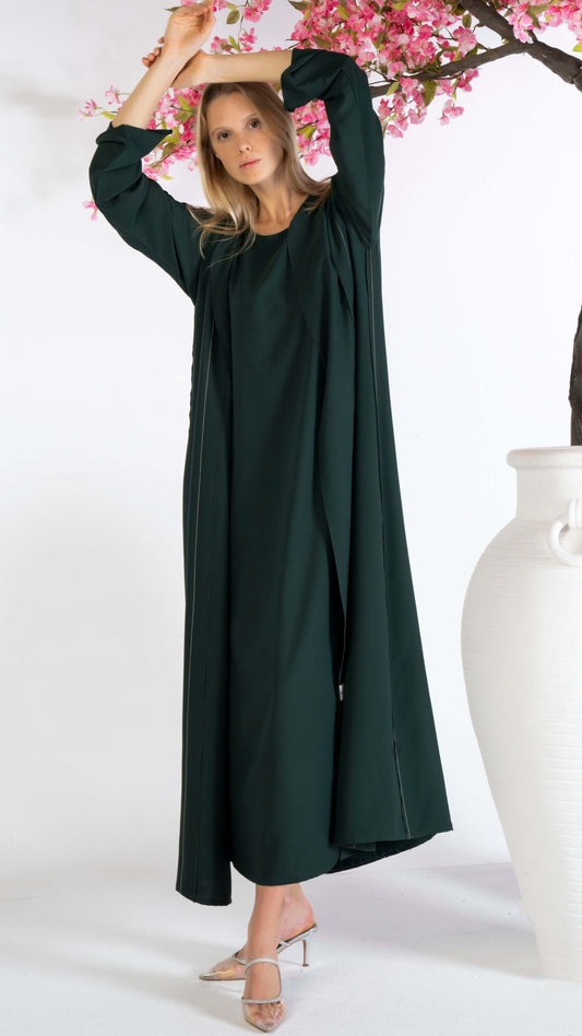 Stylised Pattern Green Abaya With Contrast Color Stitch Line Design