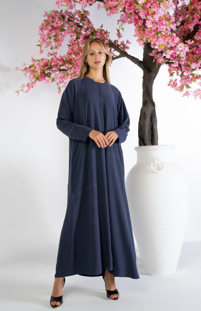 Blue Abaya With Grey Color Geometrical Stich Line And Piping