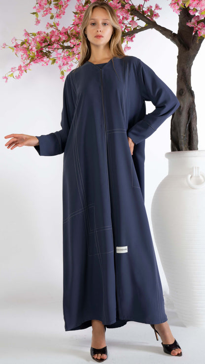 Blue Abaya With Grey Color Geometrical Stich Line And Piping