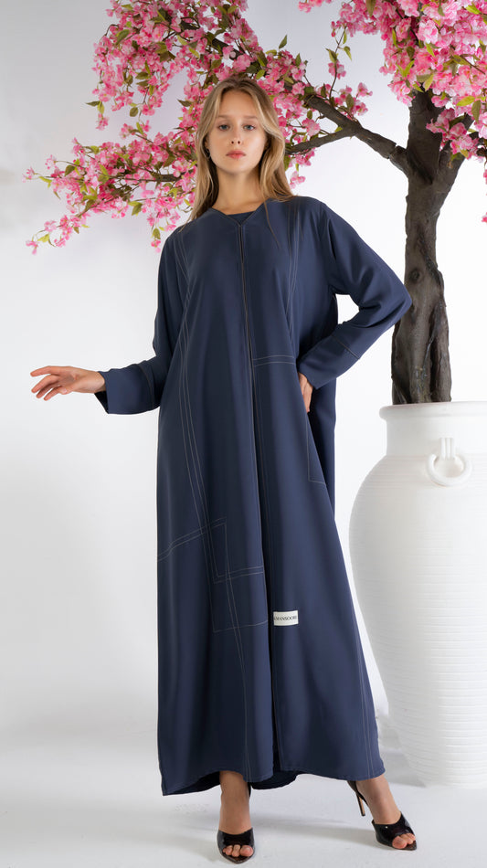 Blue Abaya With Grey Color Geometrical Stich Line And Piping