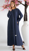 Blue Abaya With Grey Color Geometrical Stich Line And Piping