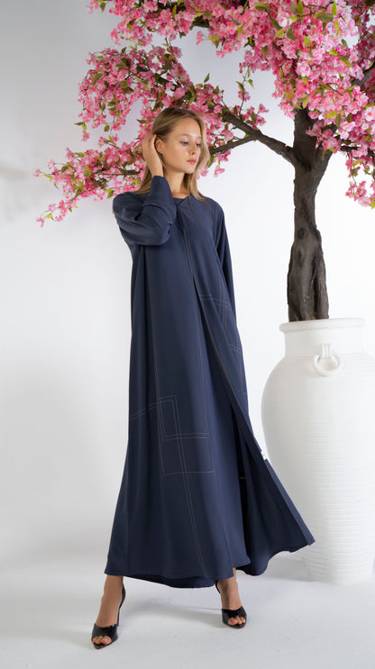 Blue Abaya With Grey Color Geometrical Stich Line And Piping