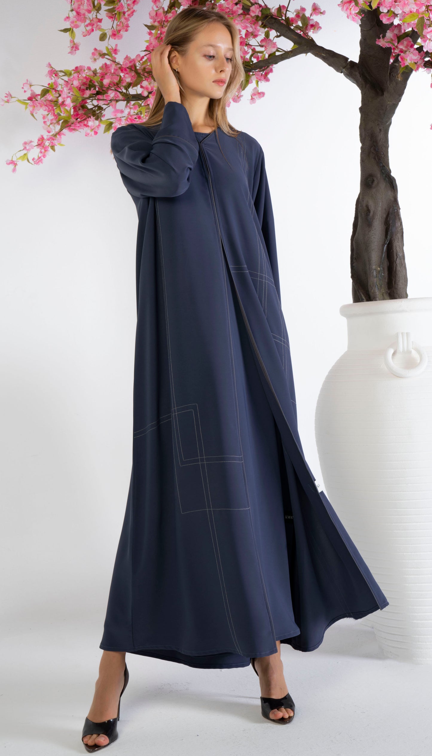 Blue Abaya With Grey Color Geometrical Stich Line And Piping