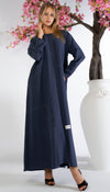 Blue Abaya With Grey Color Geometrical Stich Line And Piping