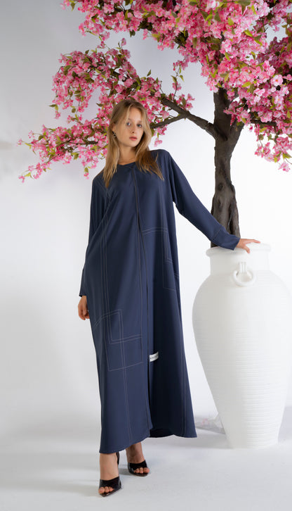 Blue Abaya With Grey Color Geometrical Stich Line And Piping