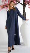 Blue Abaya With Grey Color Geometrical Stich Line And Piping