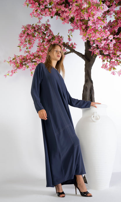 Blue Abaya With Grey Color Geometrical Stich Line And Piping