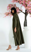 Green Colored V-Neck Abaya with Elegant Line-Patterned Beaded Embellishments