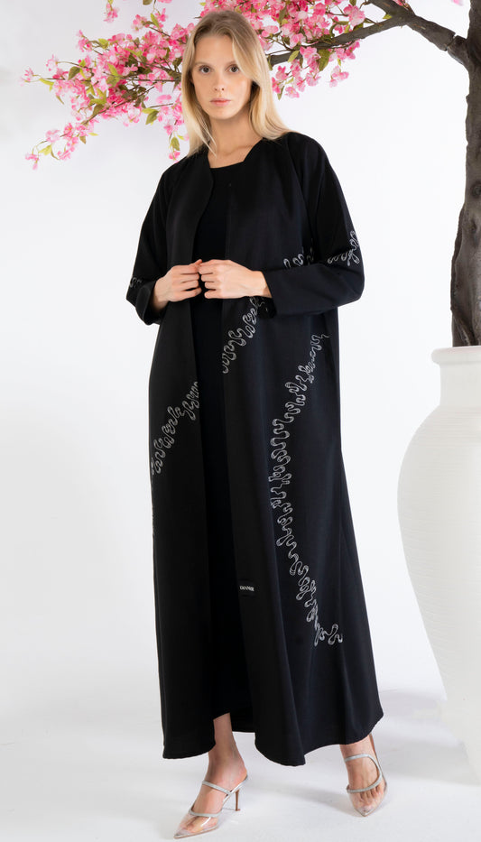 Elegant White Embroidery Detailing On Black Abaya