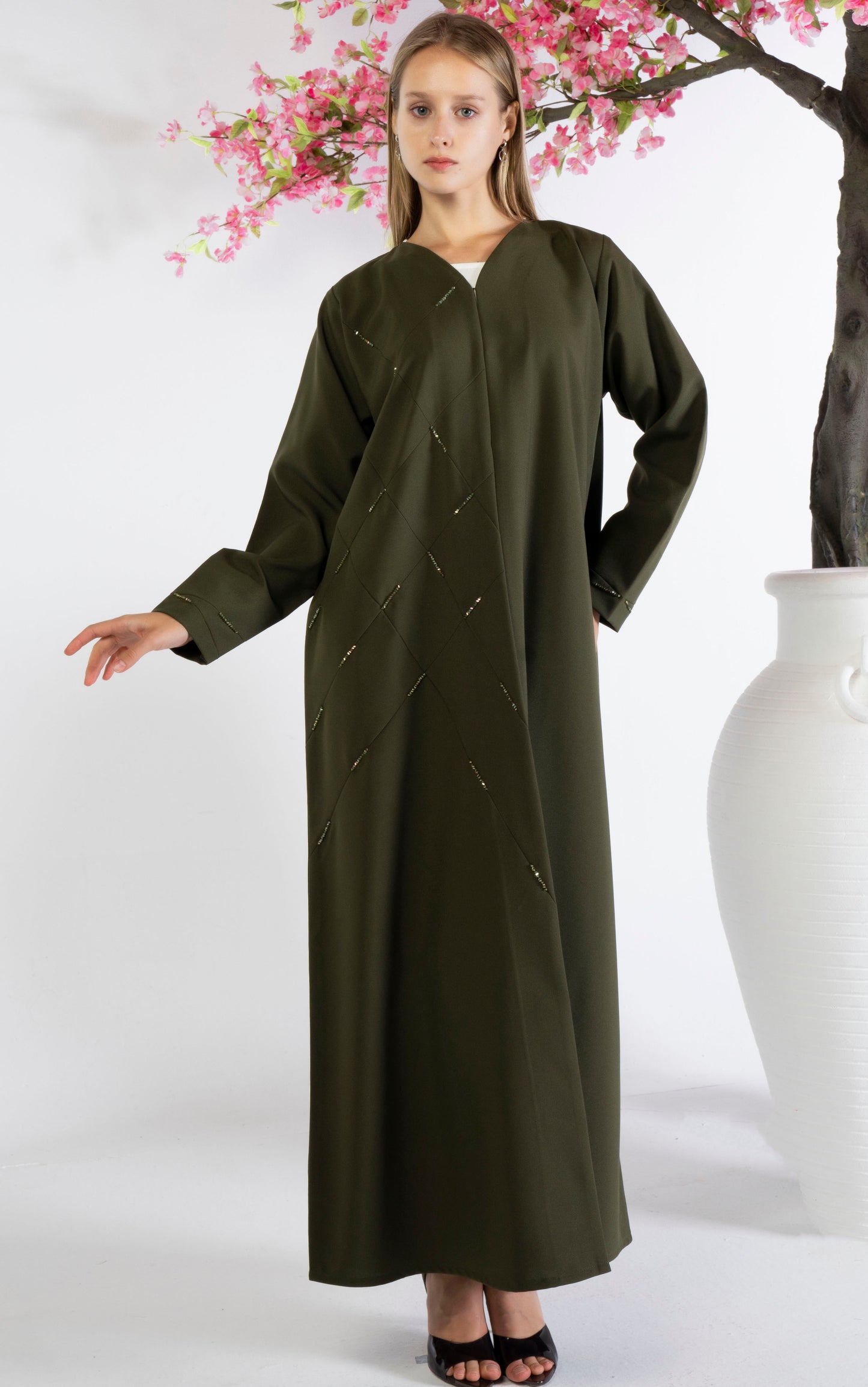 Olive Green Geometrical Pintucks Abaya with Bead Detailing