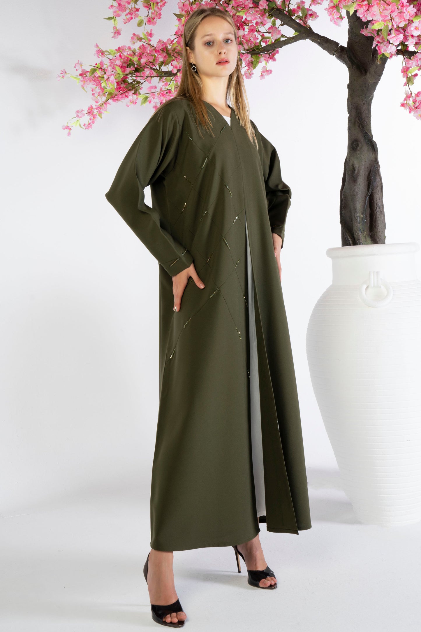 Olive Green Geometrical Pintucks Abaya with Bead Detailing