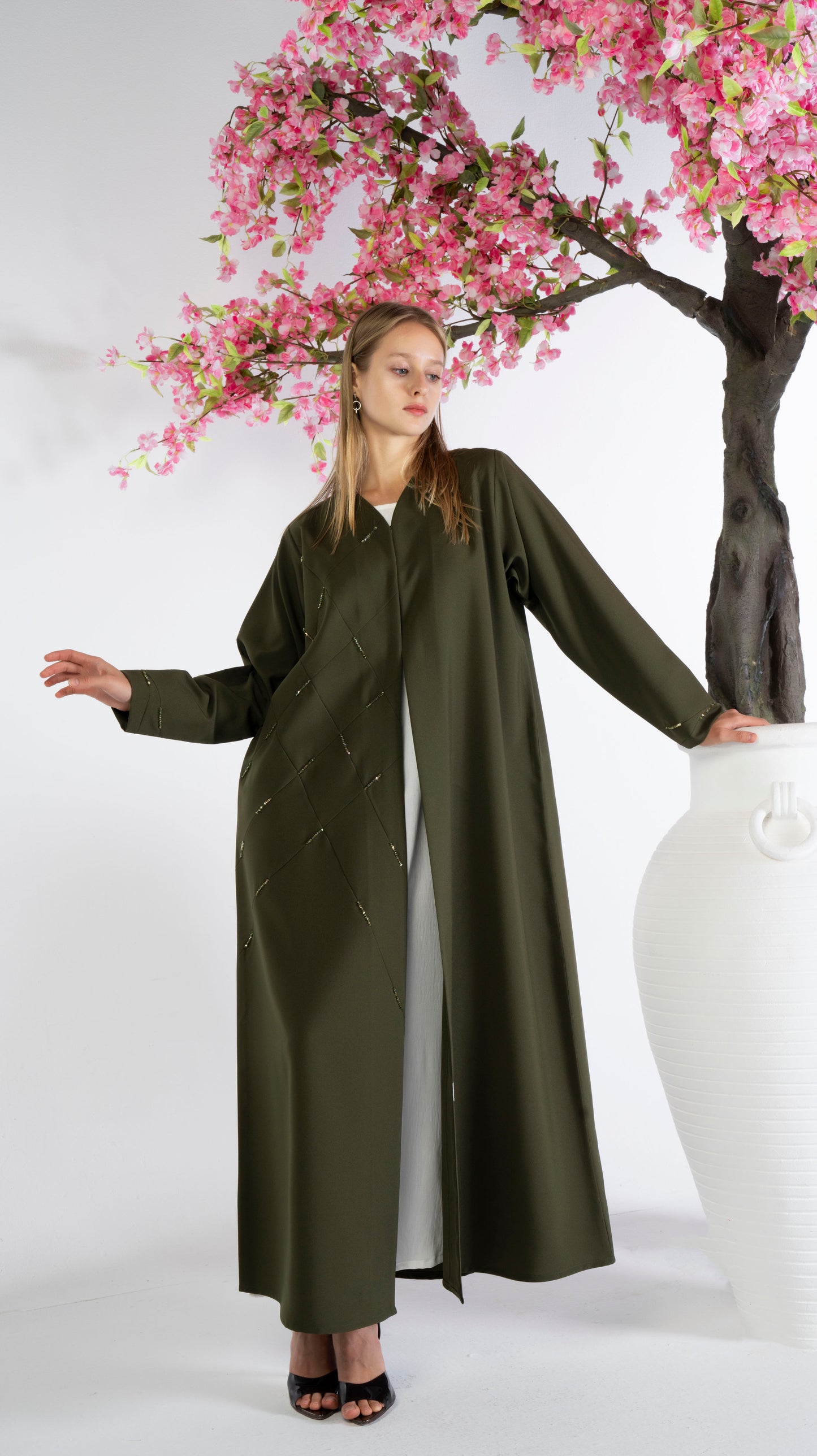 Olive Green Geometrical Pintucks Abaya with Bead Detailing