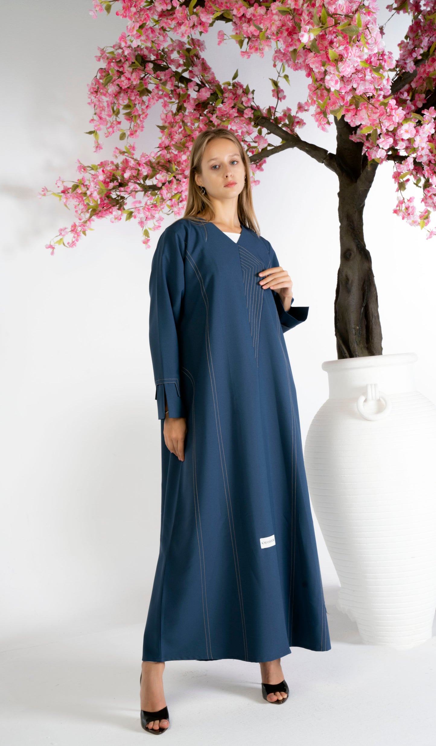 Blue Overlap Abaya With Minimal Stripe Lines