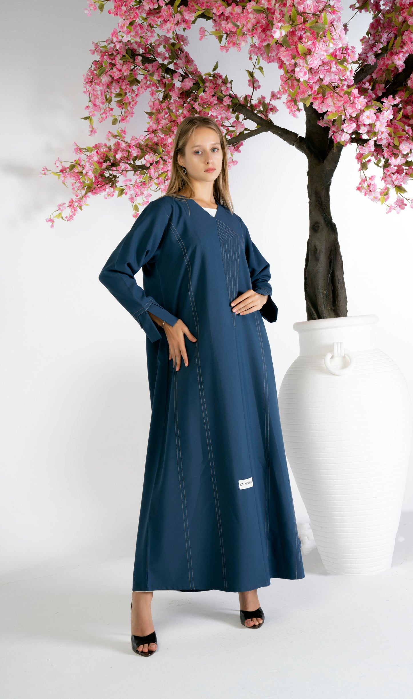 Blue Overlap Abaya With Minimal Stripe Lines