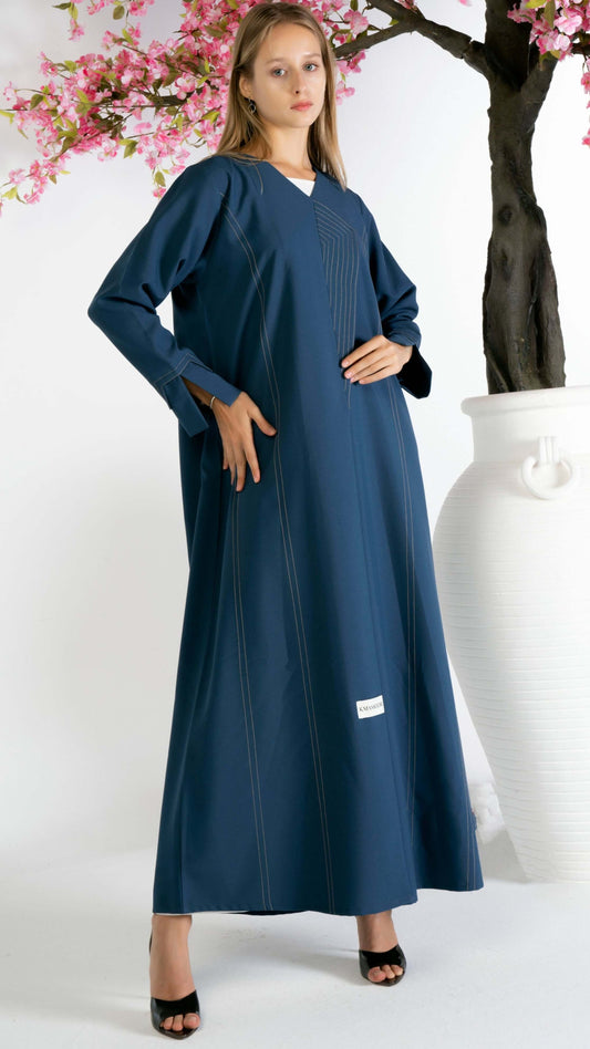 Blue Overlap Abaya With Minimal Stripe Lines