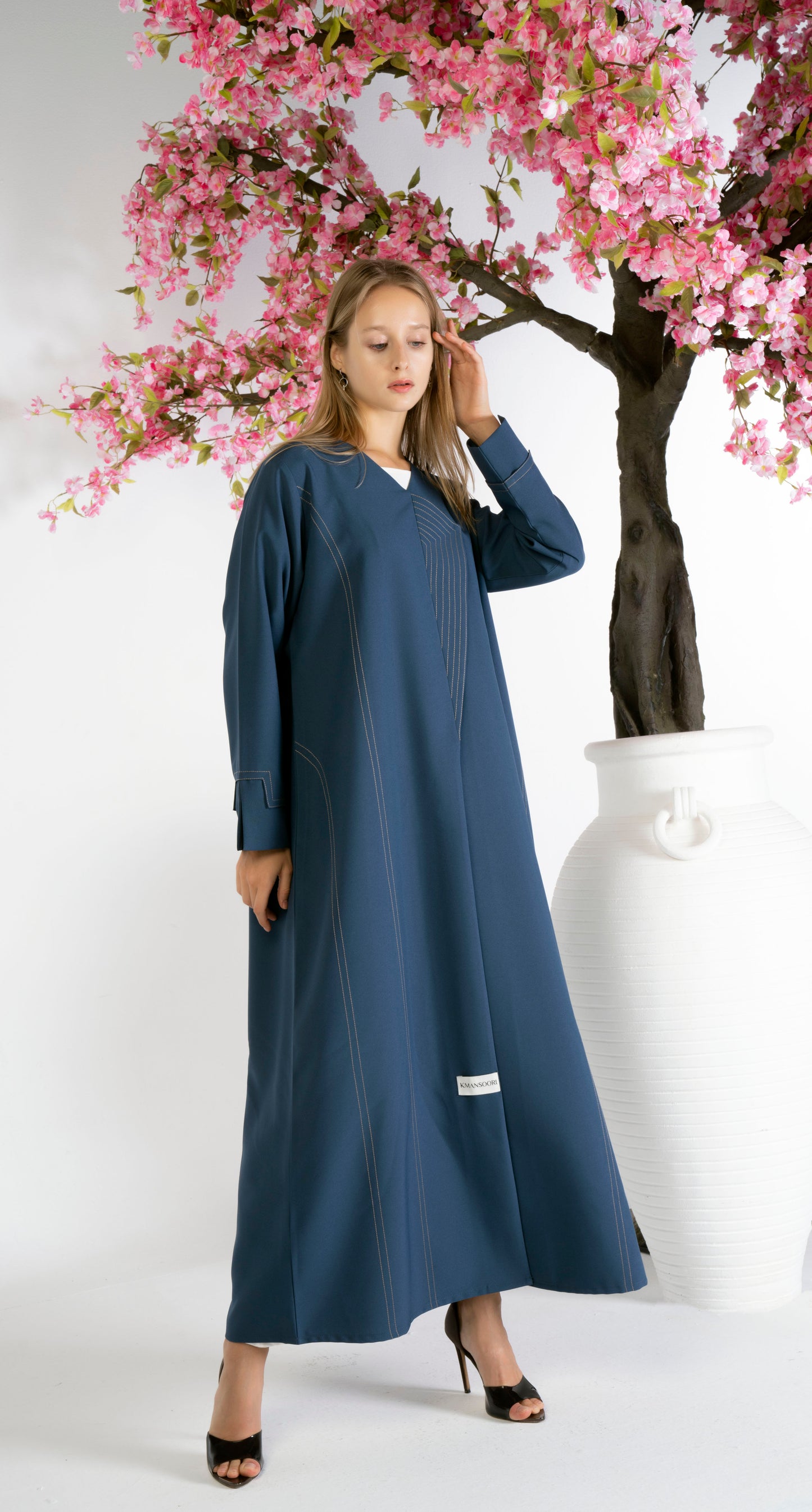 Blue Overlap Abaya With Minimal Stripe Lines