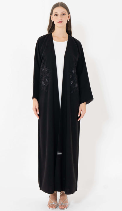 Floral Cut Work Embroidery Black Abaya