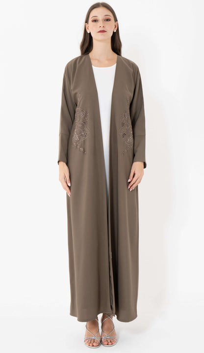 Floral Cut Work Embroidery Dark Beige Abaya