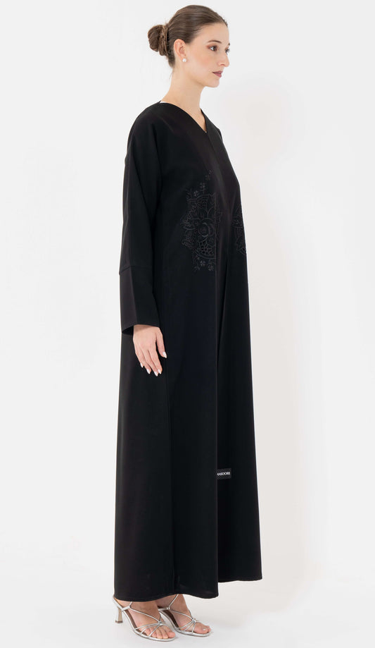 Floral Cut Work Embroidery Black Abaya