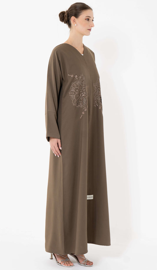 Floral Cut Work Embroidery Dark Beige Abaya