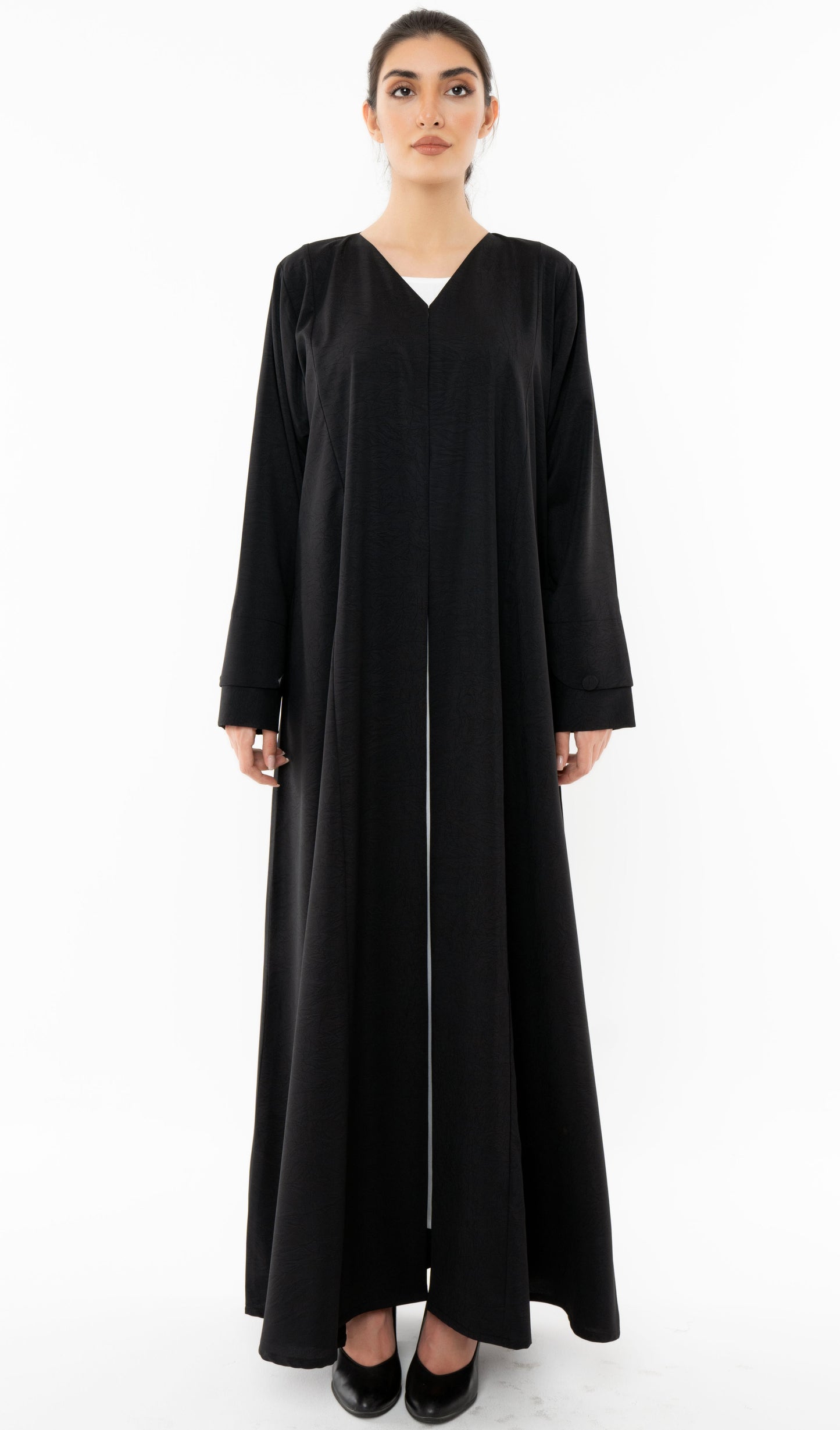 Black A Line Cut Abaya With Curve Patterned Sleeve With Button