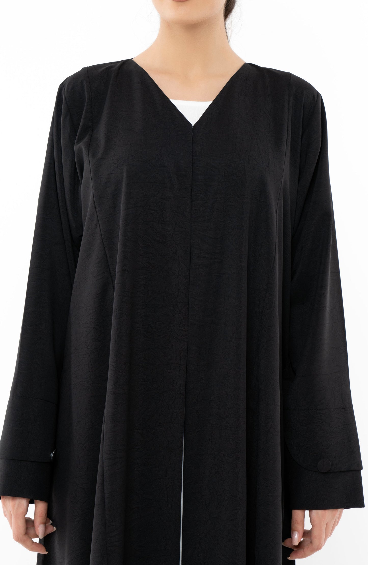 Black A Line Cut Abaya With Curve Patterned Sleeve With Button