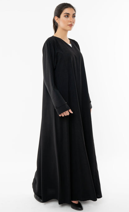 Black A Line Cut Abaya With Curve Patterned Sleeve With Button