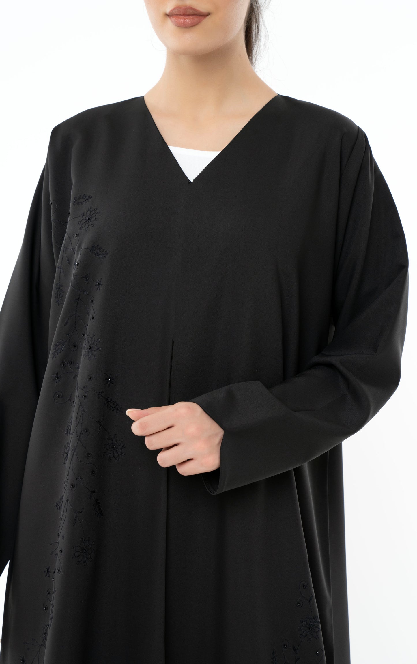 Floral Embroidered Abaya With Simple Bead Embellishments