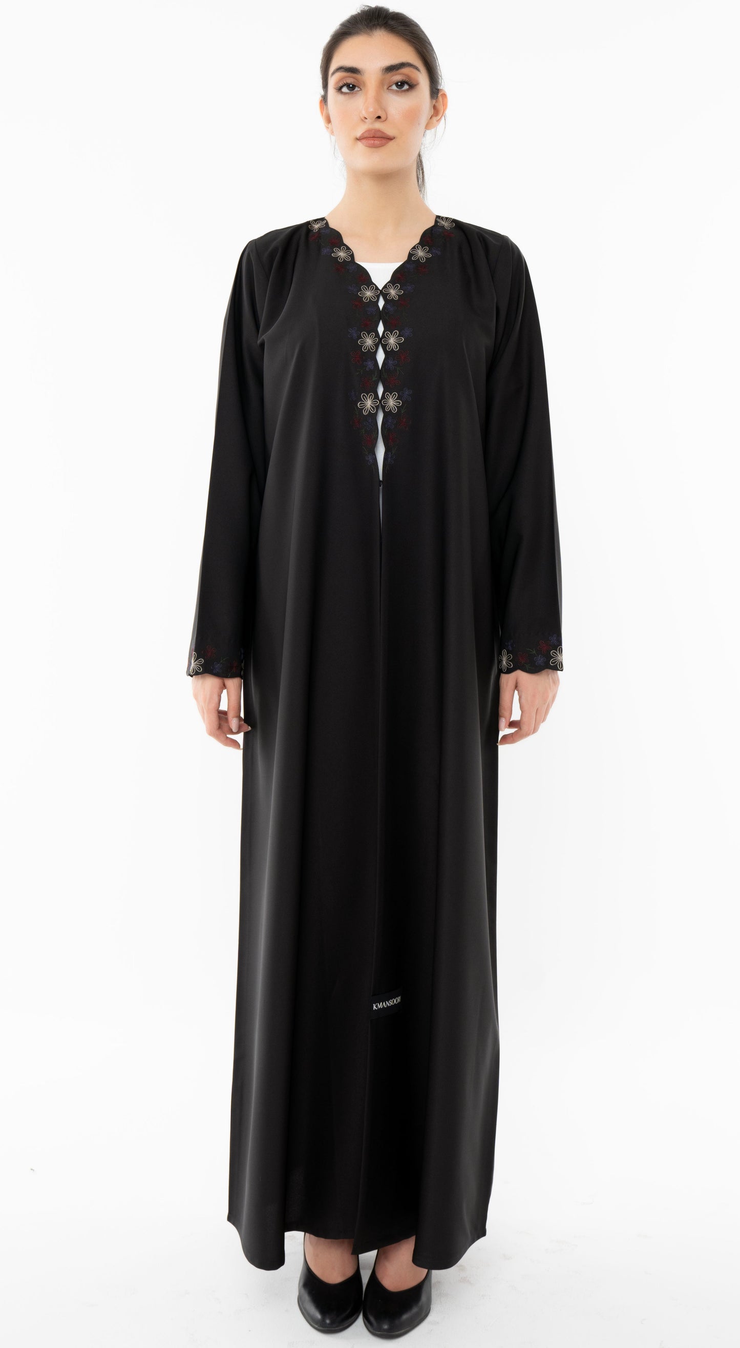 Designed Curve Neck Abaya With Floral Embroidery On Front And Sleeve