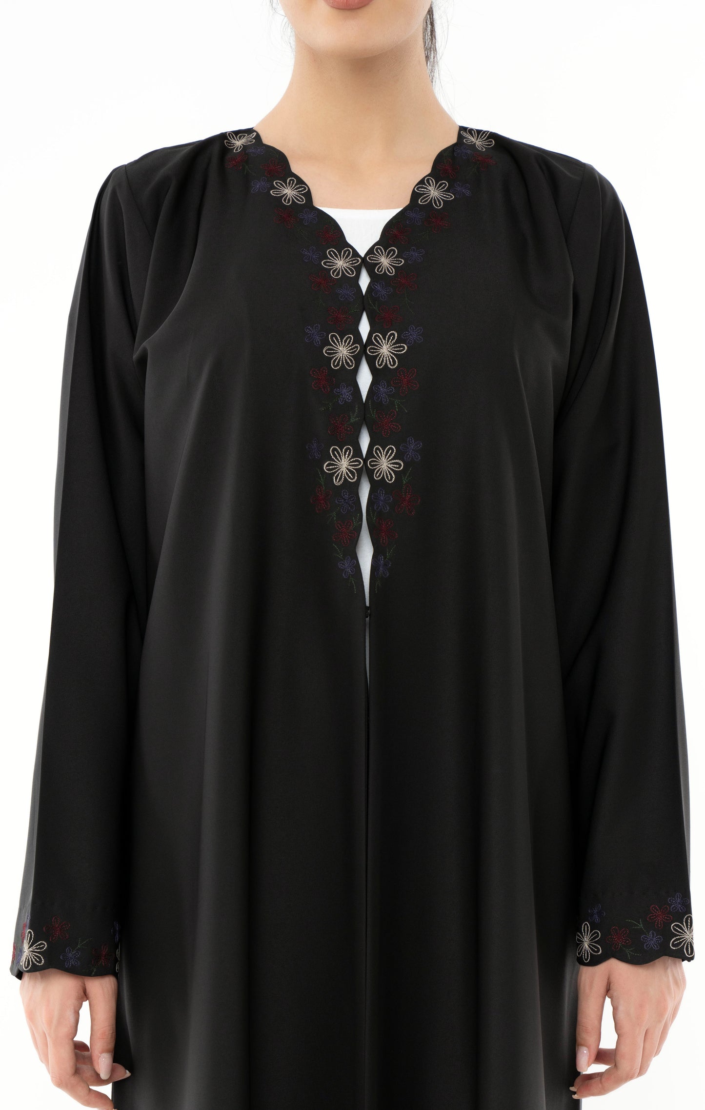 Designed Curve Neck Abaya With Floral Embroidery On Front And Sleeve