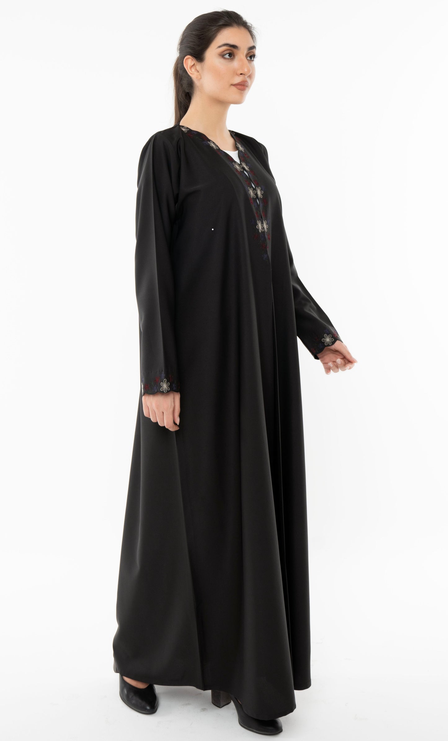 Designed Curve Neck Abaya With Floral Embroidery On Front And Sleeve