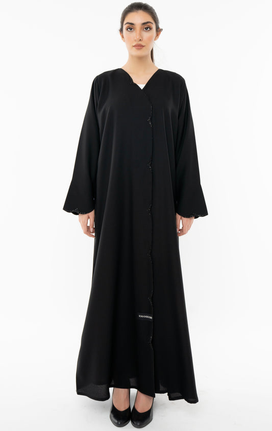 Black Overlap Abaya With Black Bead Embellishments On Front