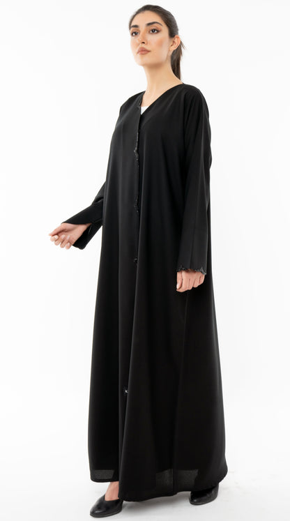 Black Overlap Abaya With Black Bead Embellishments On Front