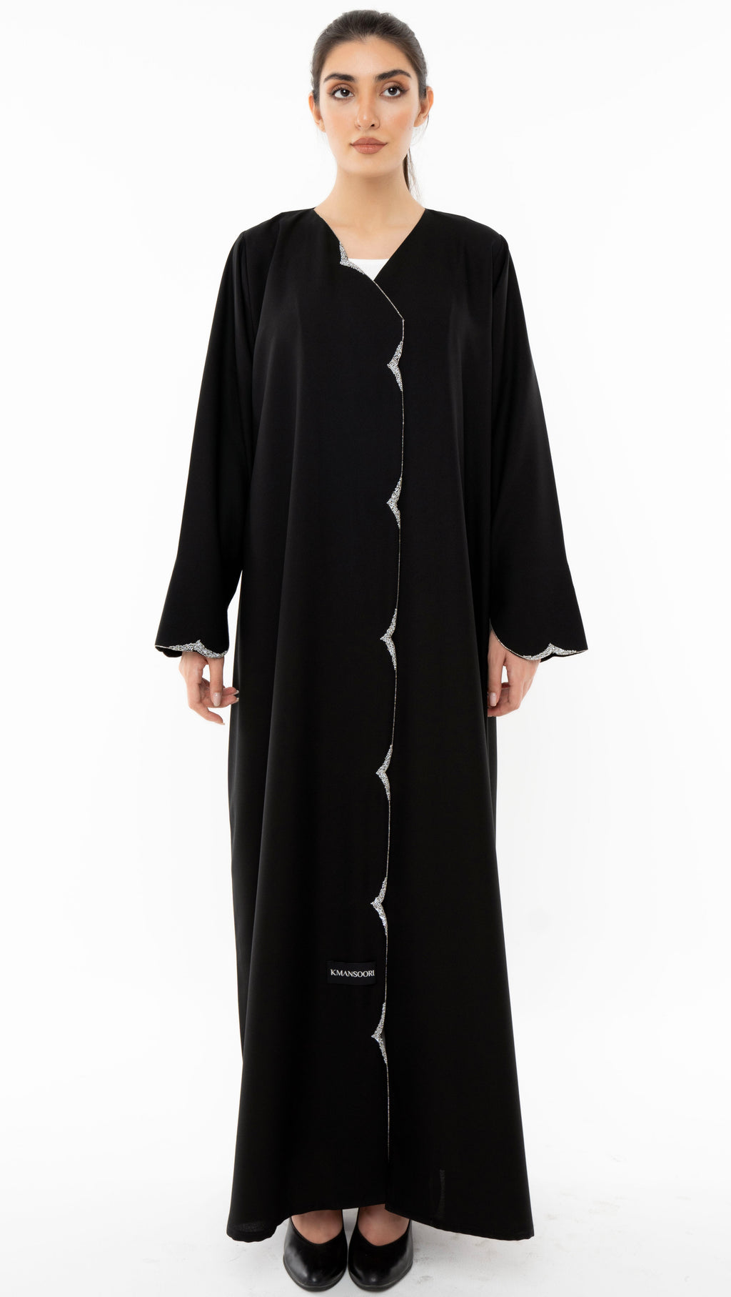 Black Overlap Abaya With Silver Bead Embellishments On Front And Sleeve