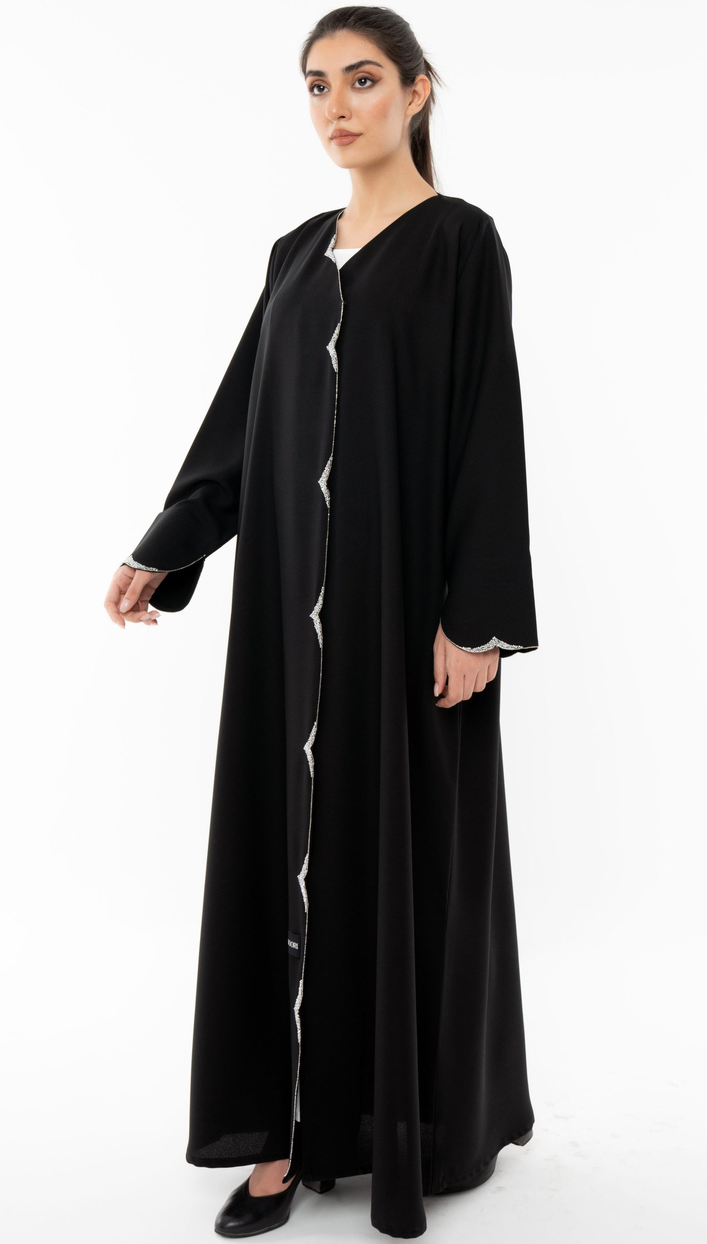 Black Overlap Abaya With Silver Bead Embellishments On Front And Sleeve