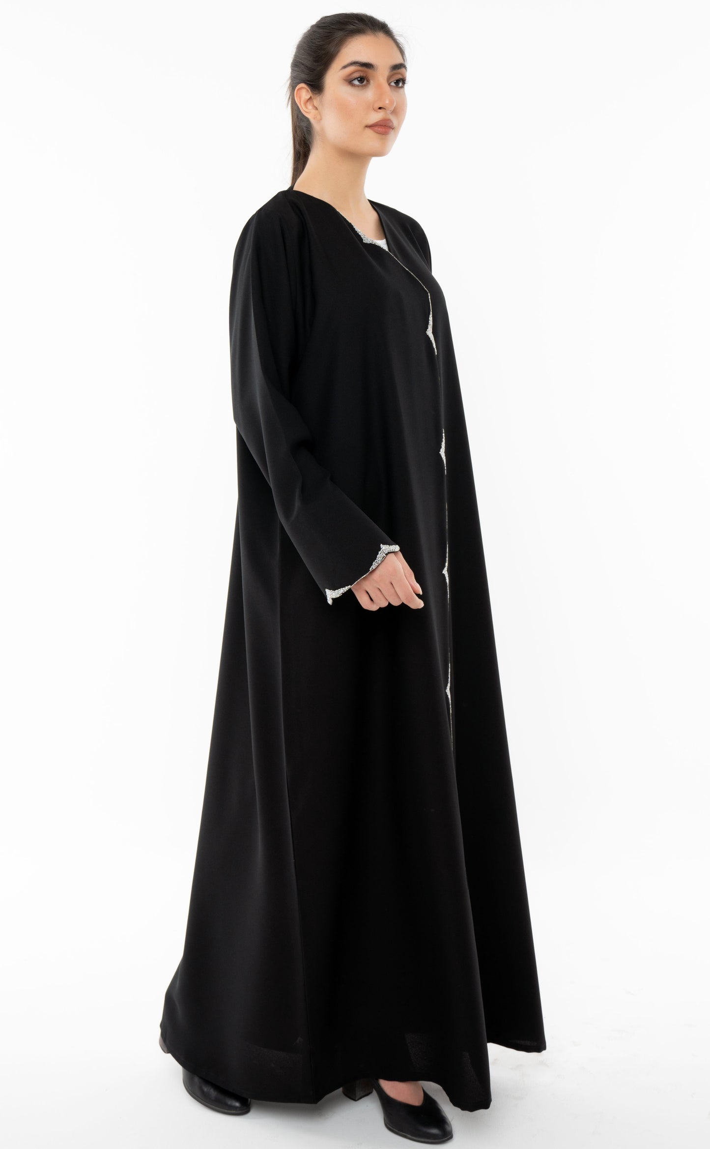 Black Overlap Abaya With Silver Bead Embellishments On Front And Sleeve