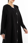 Black Overlap Abaya With Silver Bead Embellishments On Front And Sleeve