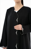 Black Overlap Abaya With Silver Bead Embellishments On Front And Sleeve