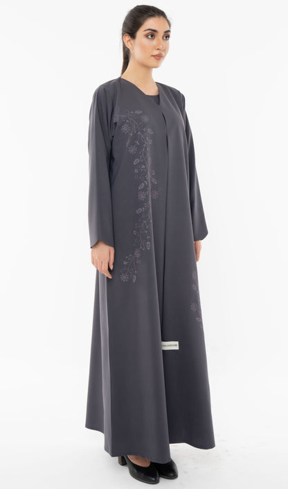 Floral Embroidered Abaya With Simple Bead Embellishments