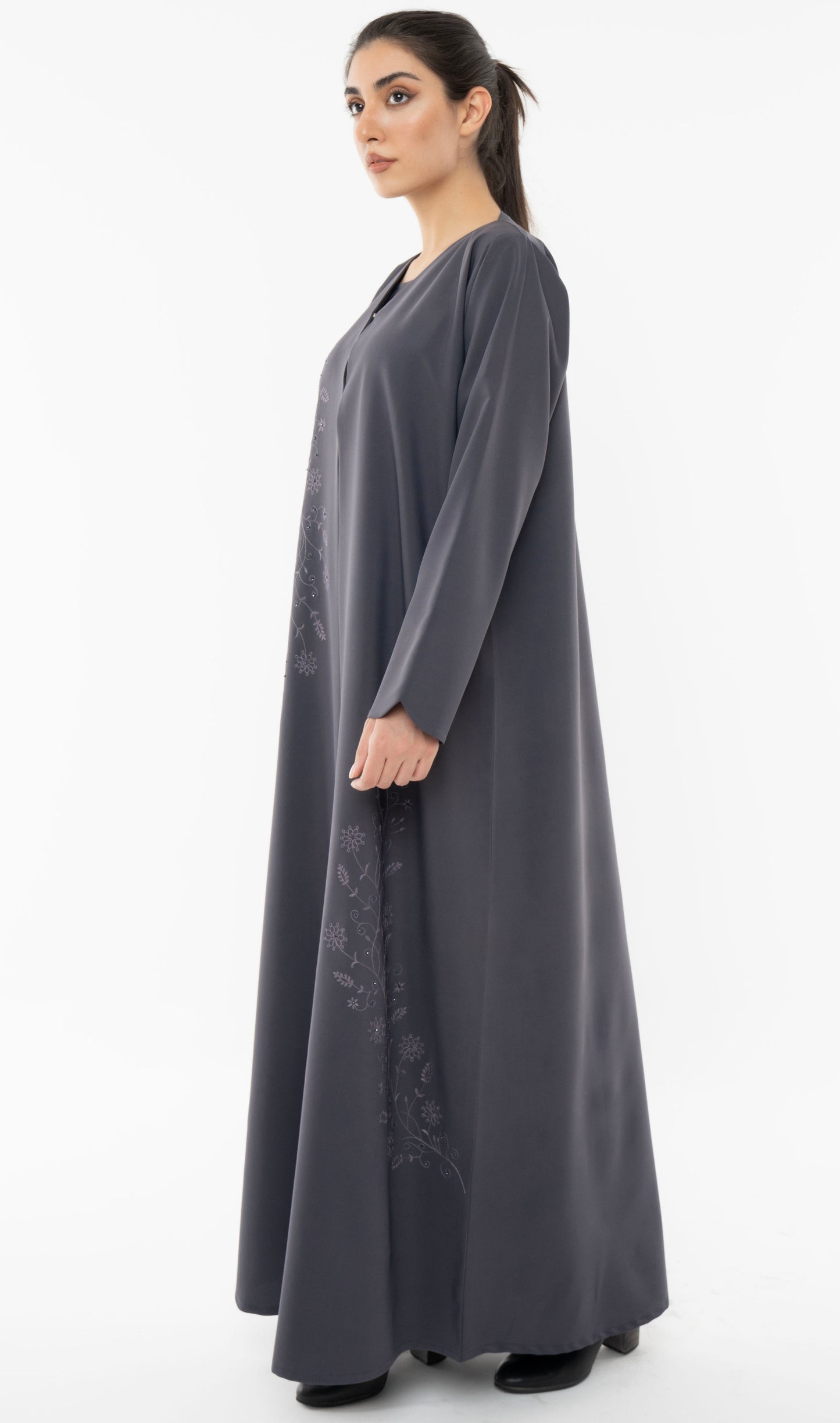 Floral Embroidered Abaya With Simple Bead Embellishments