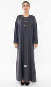 Designed Curve Neck Abaya With Floral Embroidery On Front And Sleeve